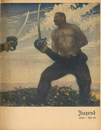 Titelblatt der Zeitschrift Jugend - Münchener illustrierte Wochenschrift für Kunst und Leben mit Fritz Erlers Gemälde Der Fechter, Band 1, Heft 18, 10. Jahrgang, 1905