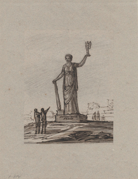Friedrich Gilly, Freiheitsstatue, Feder in Schwarz-Braun, grau laviert auf Papier, 1797. Akademie der Künste, Berlin, ASPrAdK, Nr. 27. CC BY-NC-ND.