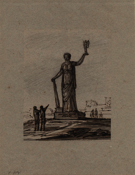 Friedrich Gilly, Freiheitsstatue, Feder in Schwarz-Braun, grau laviert auf Papier, 1797. Akademie der Künste, Berlin, ASPrAdK, Nr. 27. CC BY-NC-ND.