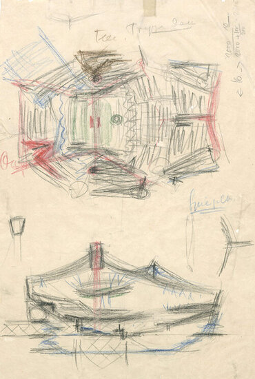 Hans Scharoun, Konzerthaus des Berliner Philharmonischen Orchesters in Berlin, , [„Urskizze“], Wettbewerbsskizze, Bleistift und Farbstifte auf Transparentpapier, [1956]. Akademie der Künste, Berlin, Hans-Scharoun-Archiv, Nr. 2696.