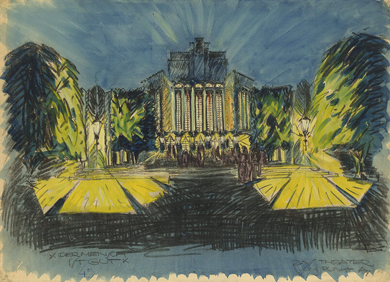 Hans Scharoun, Theater, Volkshaus und Kulturhaus in Gelsenkirchen, Bebauung der "Wiese", Wettbewerbsentwurf "Der Mensch ist gut", Aquarell auf Papier, [1920]. Akademie der Künste, Berlin, Hans-Scharoun-Archiv, Nr. 1224 Bl.23/13.