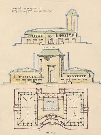 Hans Scharoun, Kunsthalle für Werke der Architektur, Tusche über Bleistift, Farbstift und Aquarell auf Papier, 1912. Akademie der Künste, Berlin, Hans-Scharoun-Archiv, Nr. 2186.