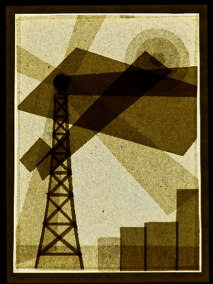 Oskar Nerlinger,  Nachtflug (Flugzeug am Funkturm), Fotogramm, 1928. Akademie der Künste, Berlin, Kunstsammlung, Inventar-Nr. Nerlinger 2833. © S. Nerlinger. Rechte vorbehalten – Freier Zugang.