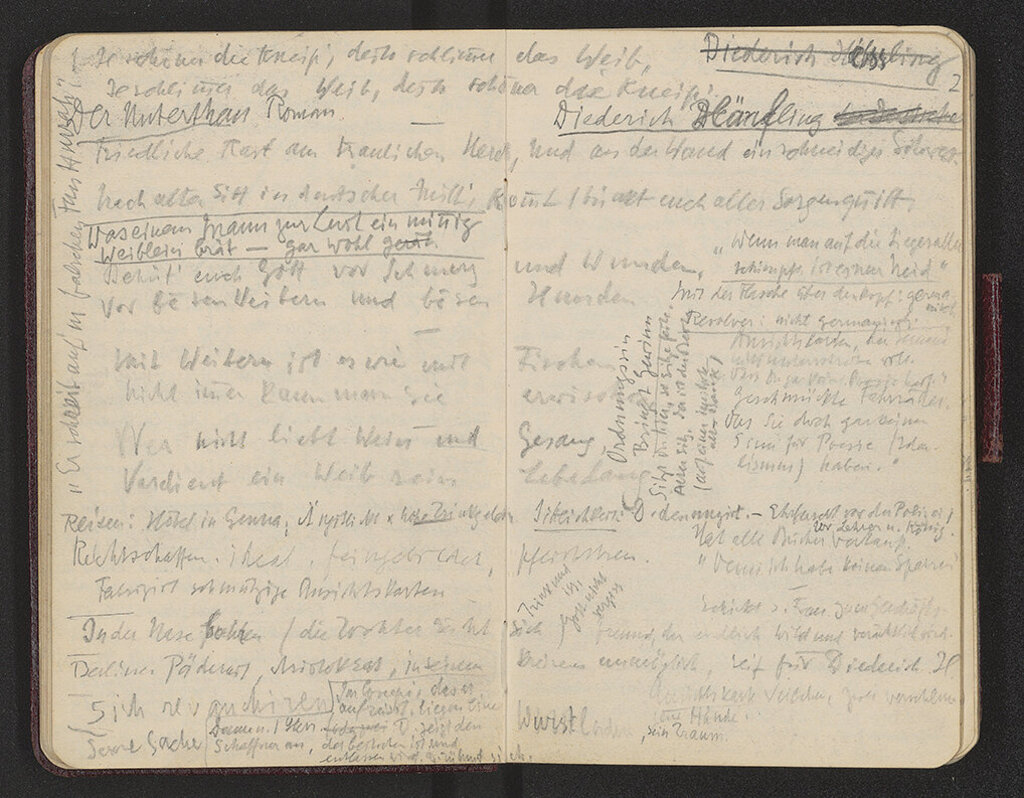 Heinrich Mann, notes, including title notes to the novel Der Untertan in a notebook, around 1905/07, Heinrich Mann Archive no. 0468_011