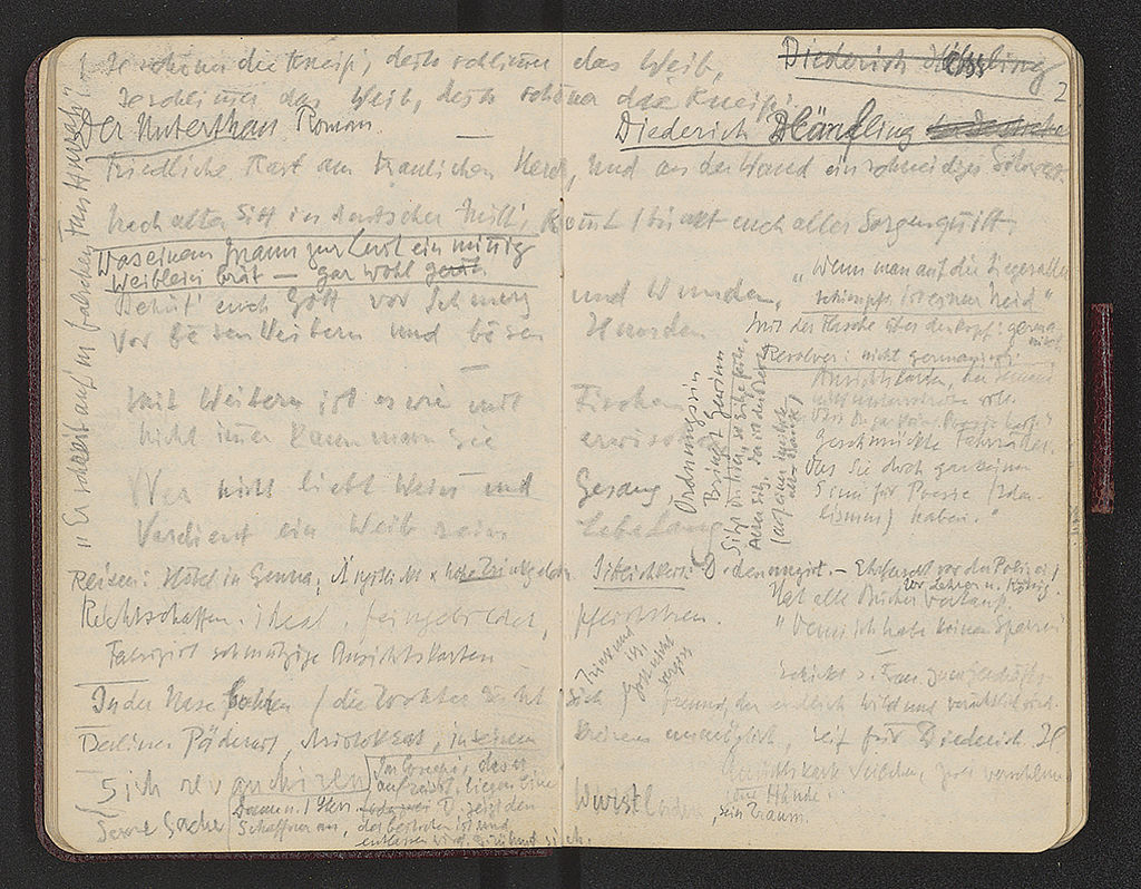 Heinrich Mann, Aufzeichnungen, u.a. Titelnotizen zum Roman Der Untertan im Notizbuch, um 1905/07, Heinrich-Mann-Archiv Nr. 0468_011