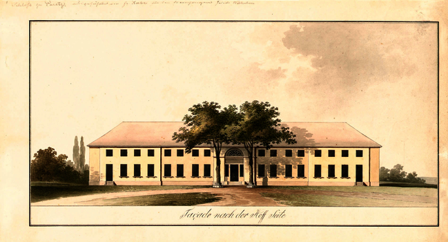 Friedrich Gilly, Entwurf für Schloss Paretz, Ansicht der Hofseite, Feder in Braun und Schwarz, aquarelliert, undatiert. Akademie der Künste, Berlin, ASPrAdK, Nr. 16. CC BY-NC-ND.