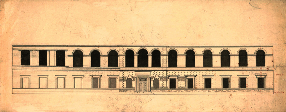 Martin Friedrich Rabe, Gebäude der Akademie der Künste, Fassadenansicht der Hofseite, Feder, Bleistift und Wasserfarbe auf Papier, ca. 1818. Akademie der Künste, Berlin, ASPrAdK, Nr. 73. CC BY-NC-ND.