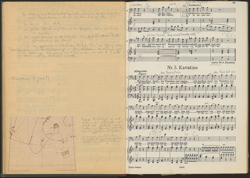 Cavatine Figaro, from: Die Hochzeit des Figaro by Wolfgang Amadeus Mozart, with handwritten additions to the text by Walter Felsenstein